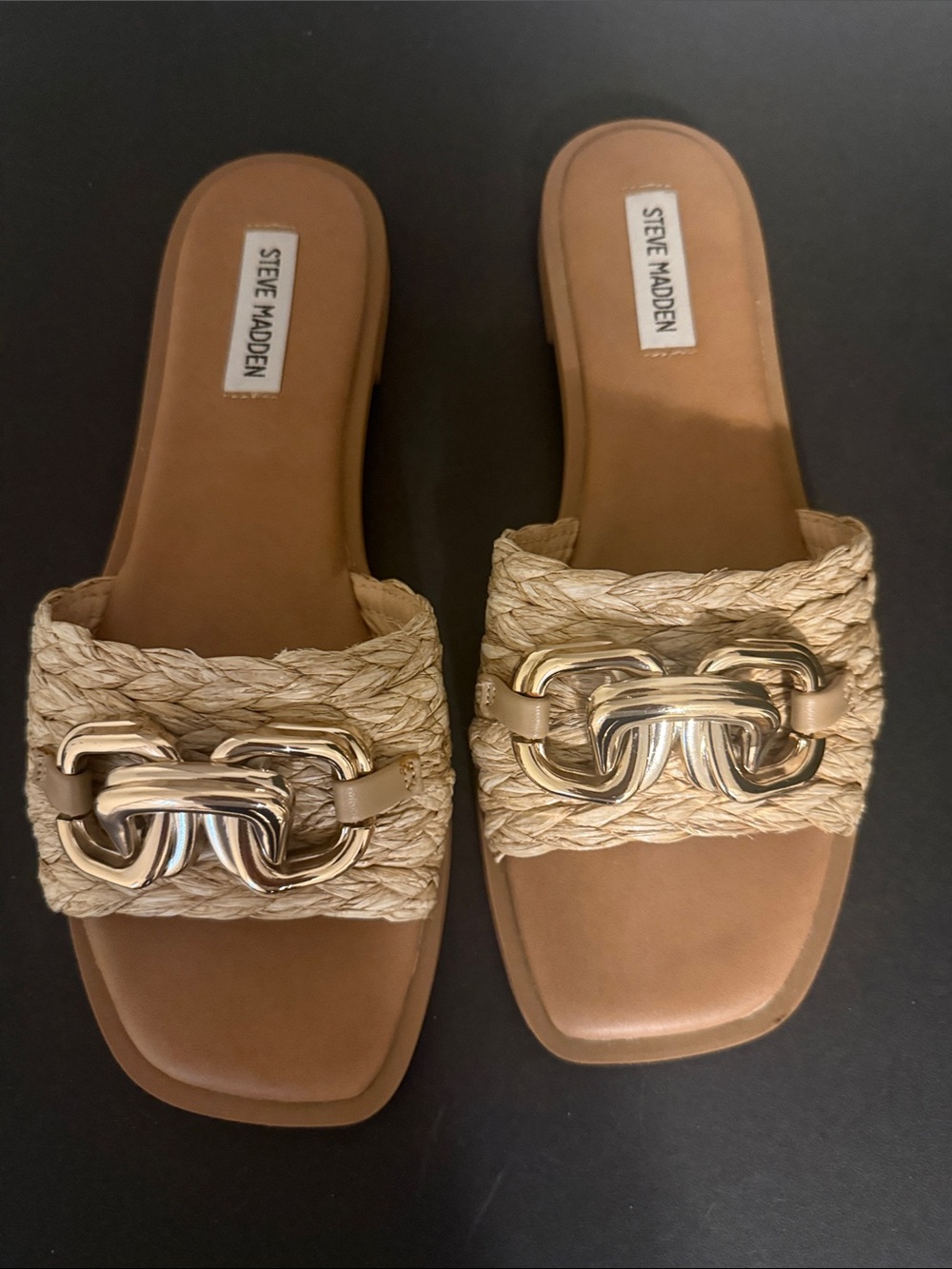 Steve Madden Tan Braided Slide Sandals with Gold Chain Accent